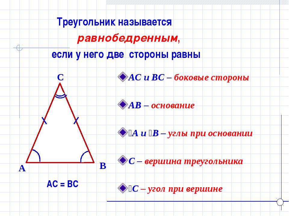 Найди и запиши номера равнобедренных треугольников. Название сторон равнобедренного треугольника. Равнобедренный треугольник 7 класс. Название углов равнобедренного треугольника. Свойства равнобедренного треугольника 7 класс.