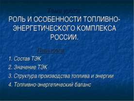 Роль и особенности топливно-энергетического комплекса России