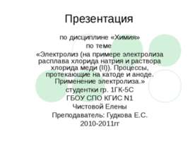 Электролиз (на примере электролиза расплава хлорида натрия и раствора хлорида...