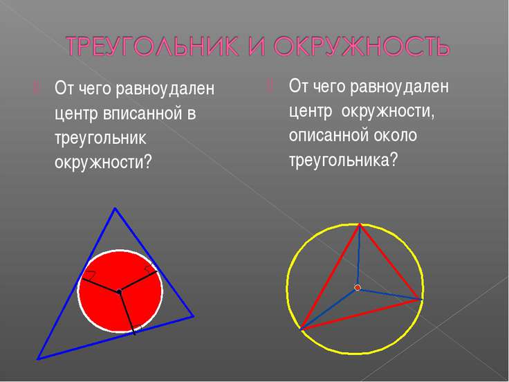 Центр вписанной окружности это. Центр вписанной в треугольник окружности равноудален. Центр вписанной около треугольника окружности. Центр вписанной окружности треугольника. Центр описанной около треугольника окружности равноудален от...