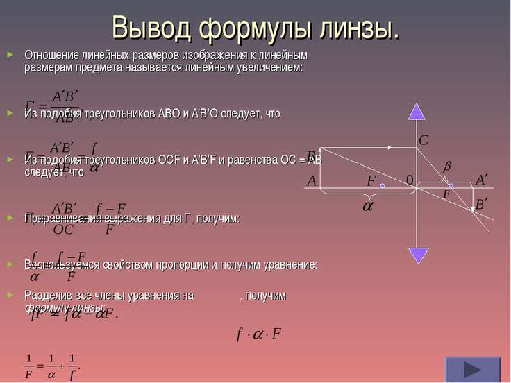 Высота изображения предмета линза. Вывод формулы тонкой линзы. Линейное уравнение линзы формула. Вывод формулы линзы. Выведение формулы тонкой линзы.