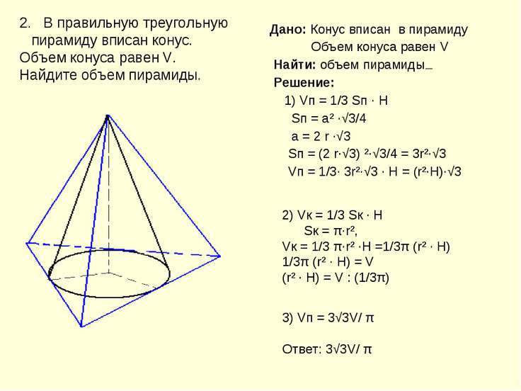 Найдите объем в части конуса изображенной на рисунке в ответе укажите v п 13 9